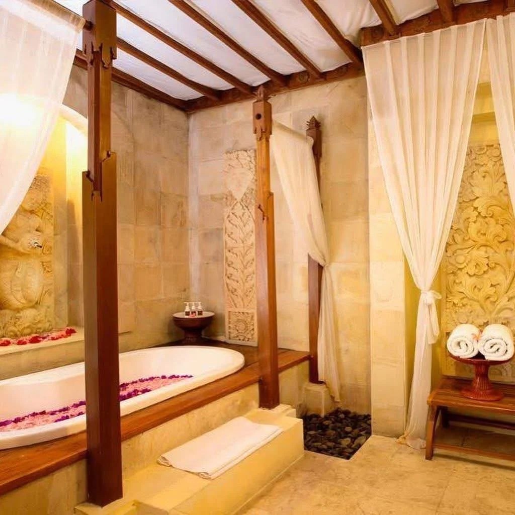 A luxurious bathroom featuring a large bathtub decorated with rose petals, enclosed by a wooden frame and curtains, with a small stone shower area, and a towel rack with rolled towels on a wooden table.