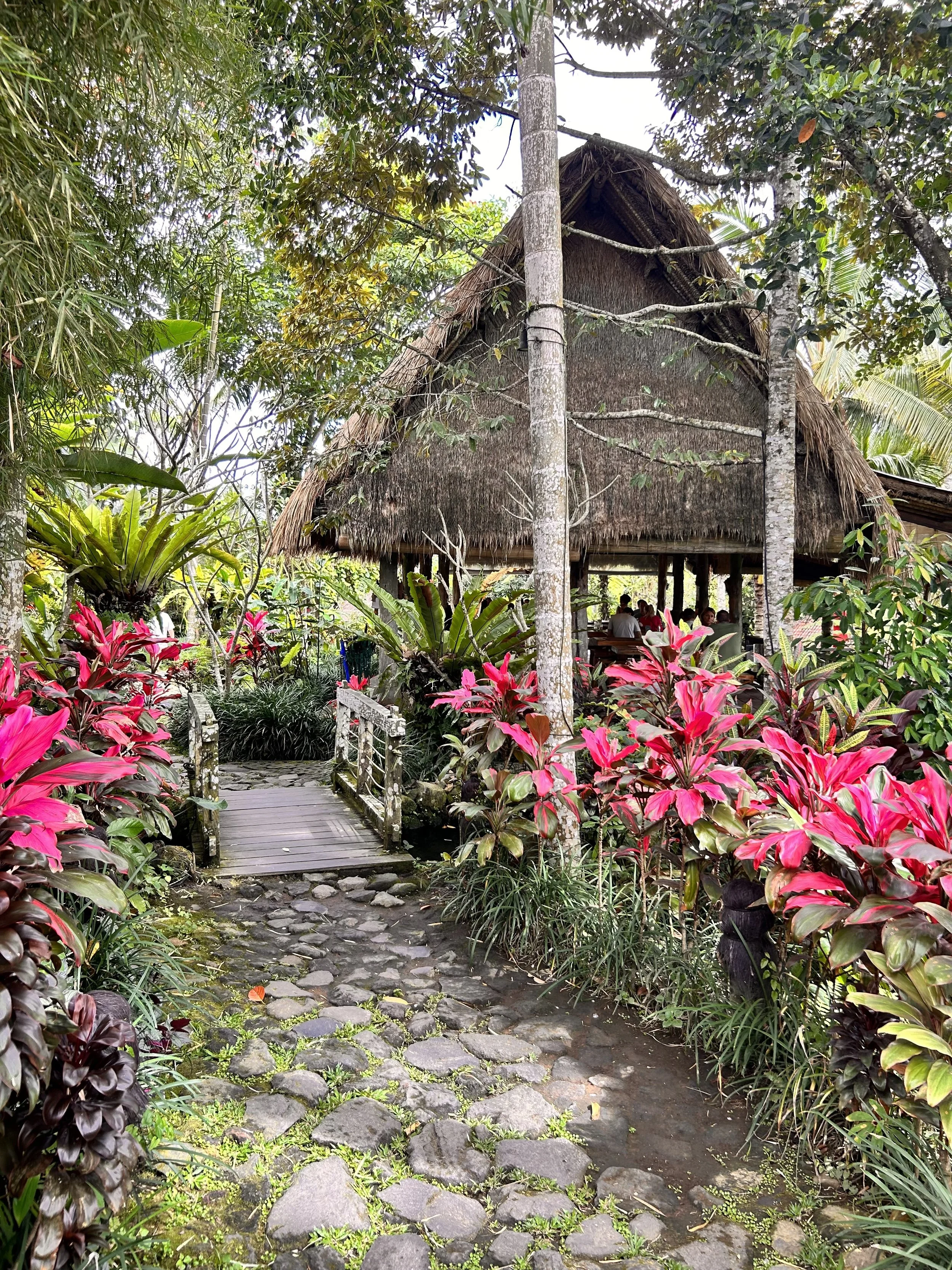 A tropical garden with a stone pathway leading to a thatched-roof hut, surrounded by lush green plants and bright pink flowers.