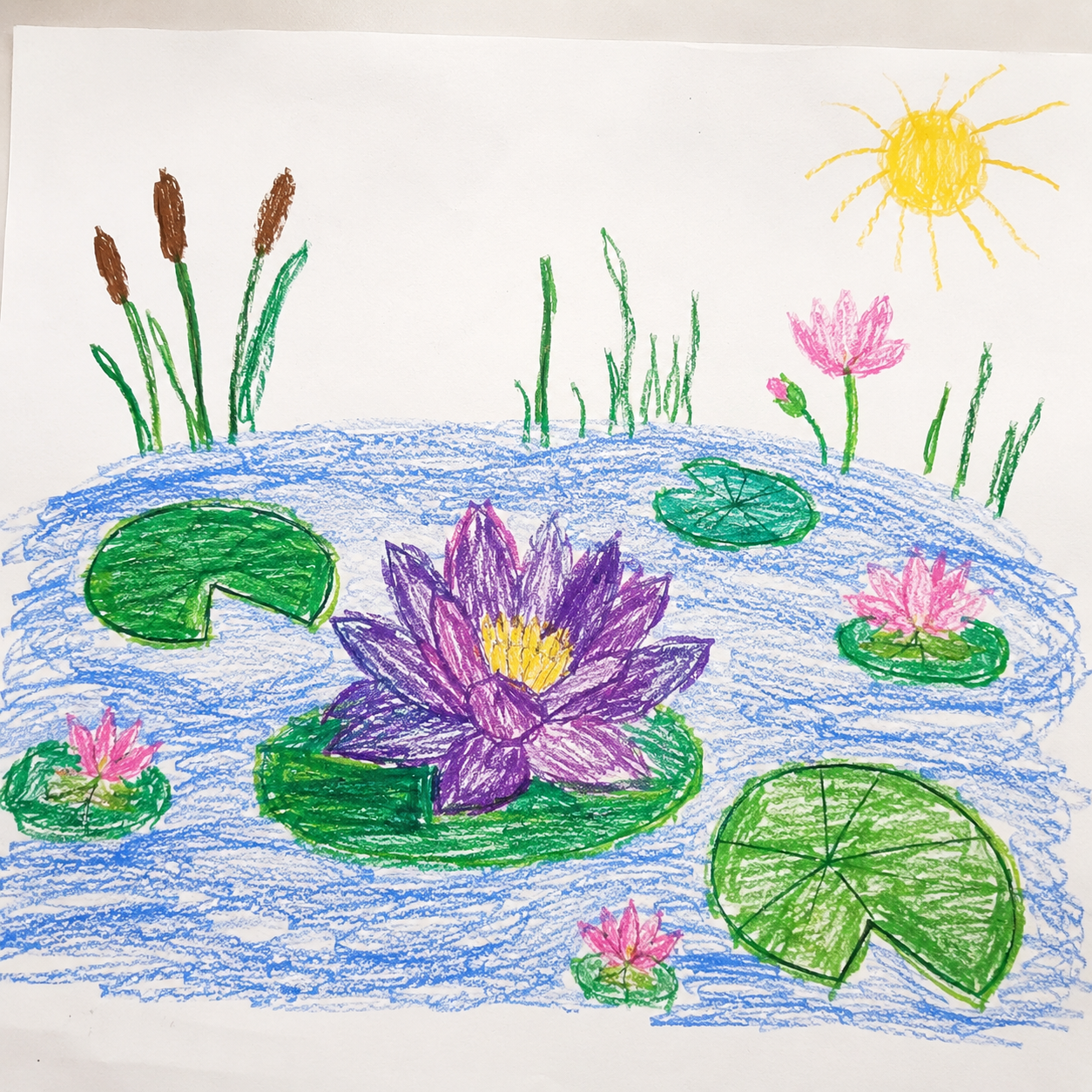 Child’s drawing inspired by Claude Monet’s Water Lilies, featuring a colorful lily pond