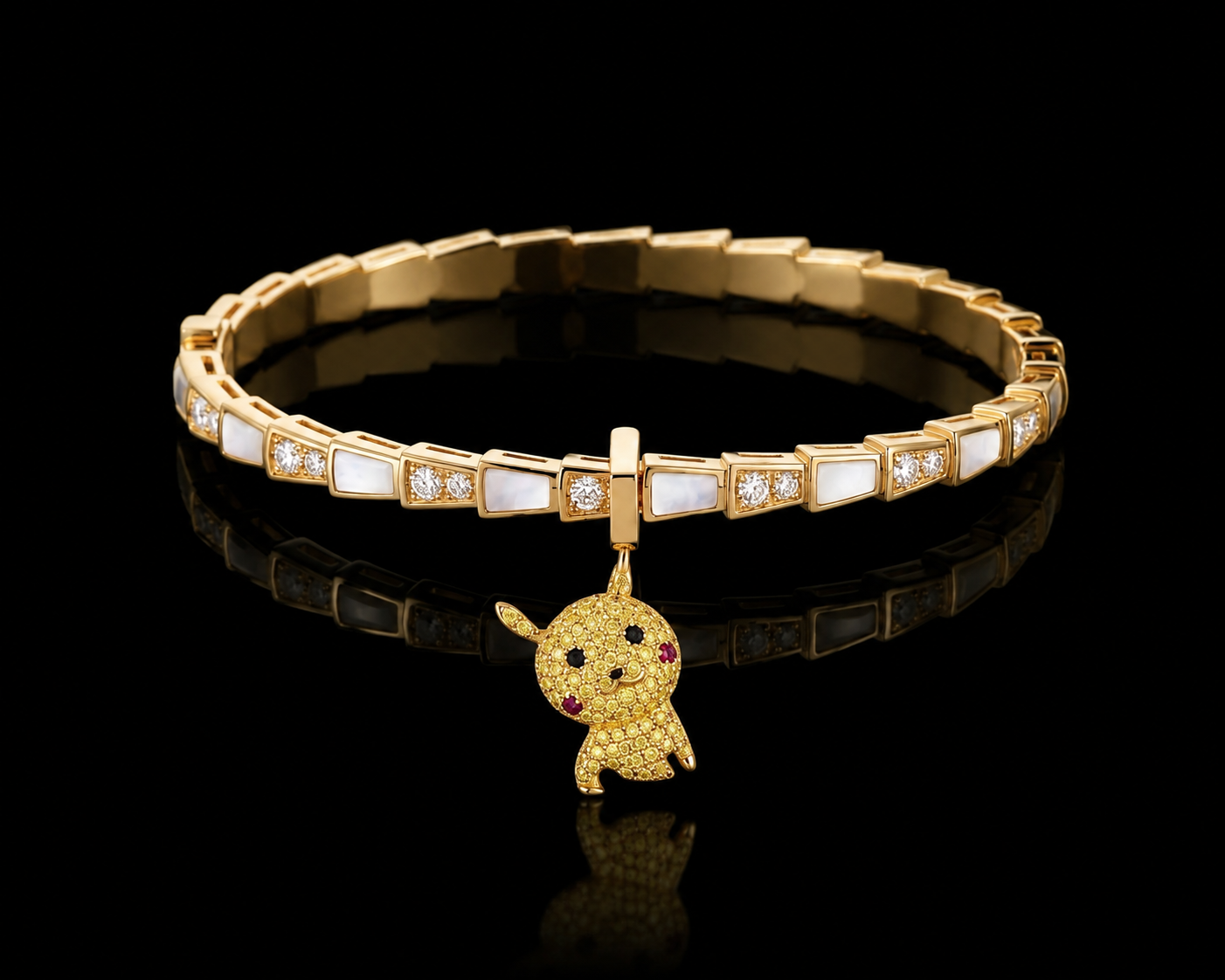Bvlgari Serpenti Viper Diamond Mother Of Pearl Gold Bangle Bracelet with a custom pavé diamond pendant inspired by a child’s drawing, created by Teeny Atelier