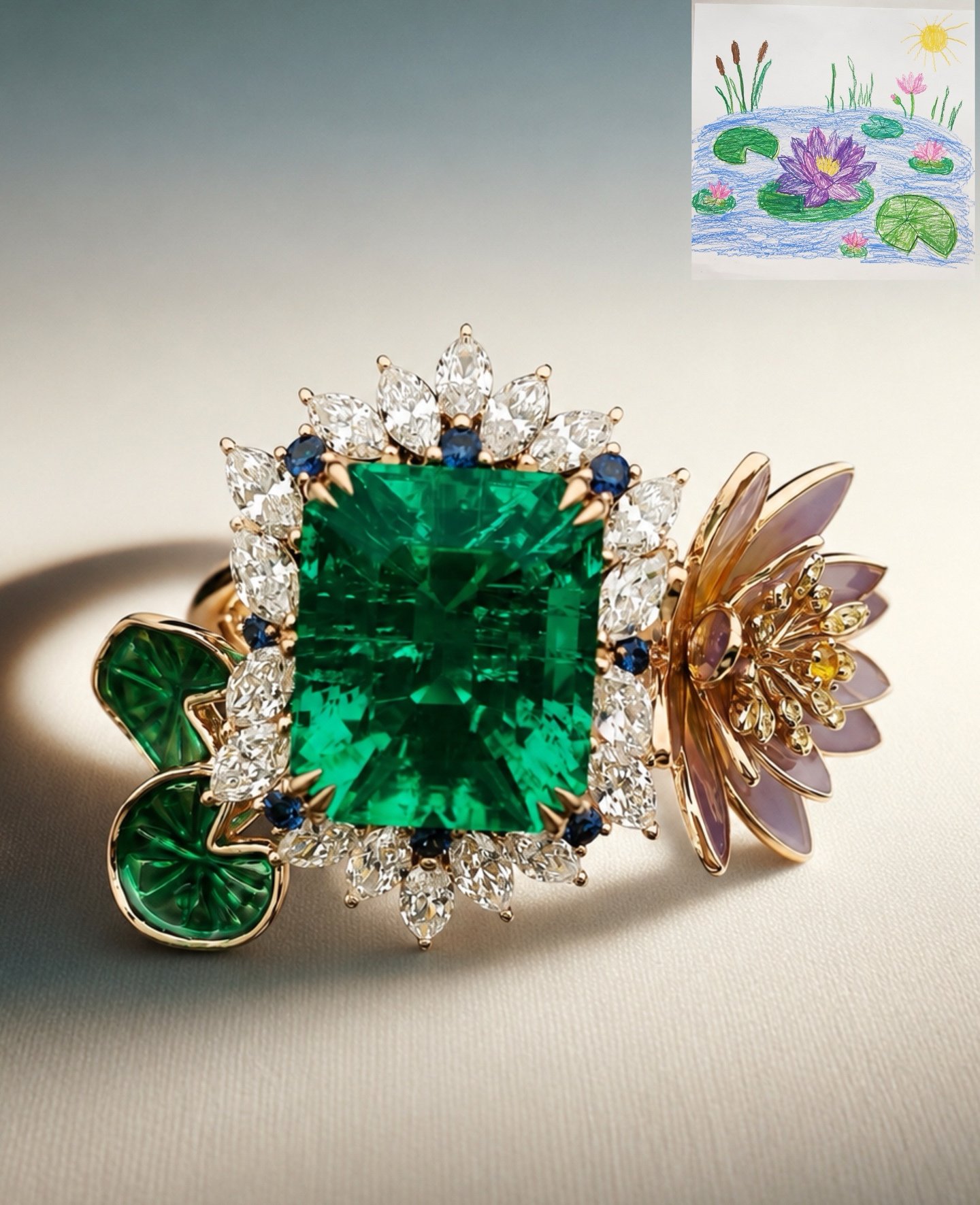 child's drawing turning into fine jewelry, Claude Monet Water Lilies, Plique-a-jour, emerald ring