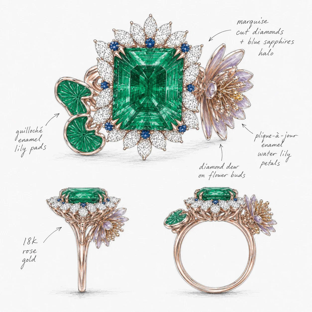 Detailed jewelry sketch of a ring featuring a large emerald-cut green gemstone at the center, surrounded by diamond dew on flower buds, blue sapphires, enameled lily pads, water lily petals, a lily flower with a purple hue, and an 18k rose gold band with a halo of cut diamonds.