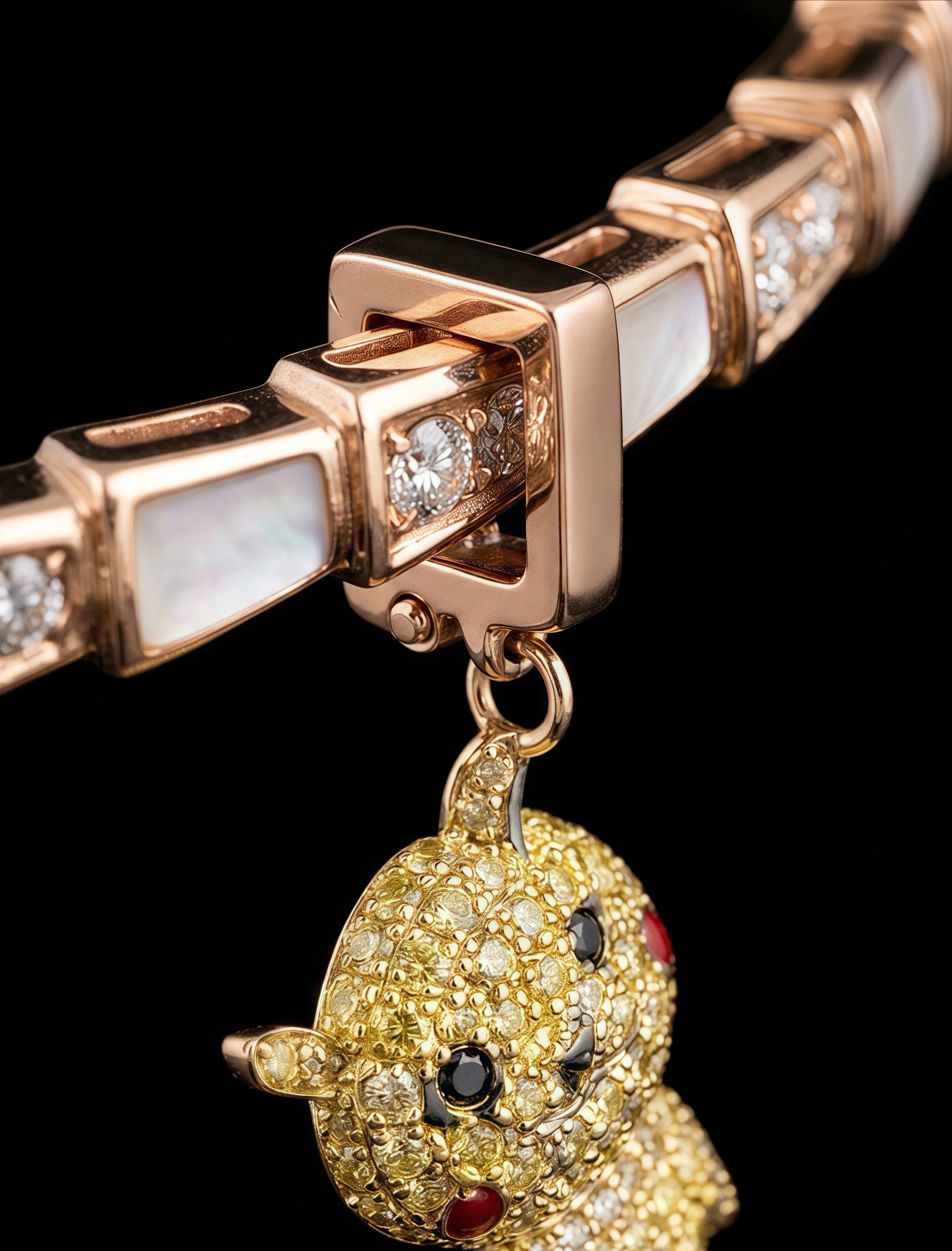 Macro detail of a custom pavé diamond pendant connector designed by Teeny Atelier for a Bvlgari Serpenti Viper Diamond Mother Of Pearl Gold Bangle Bracelet