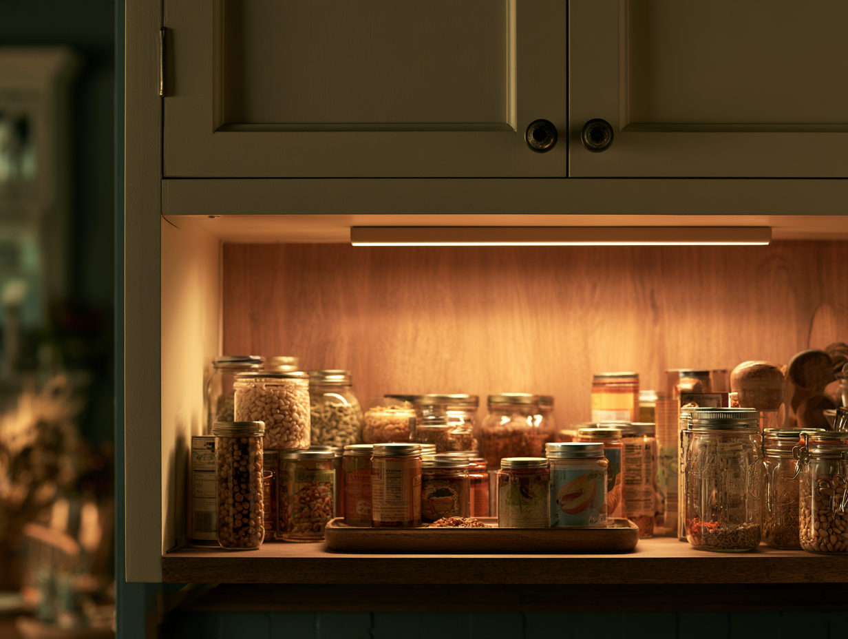 rechargeable LED light bar under a pantry shelf lighting jars and cans below