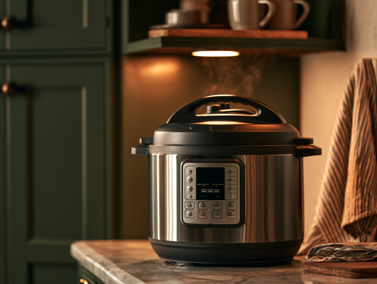 six quart electric pressure cooker on a small kitchen counter