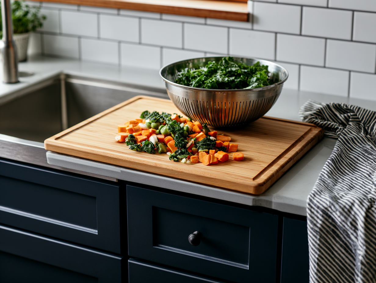 expandable cutting board over a kitchen sink with collapsible colander