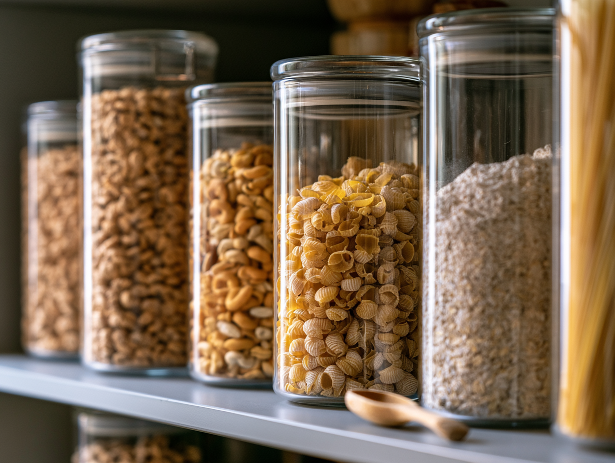 row of matching airtight containers on a pantry shelf filled with cereal pasta and flour