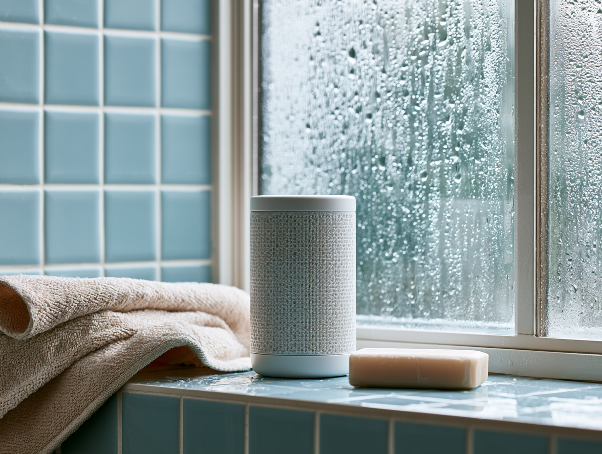 small white portable bluetooth speaker on a shelf