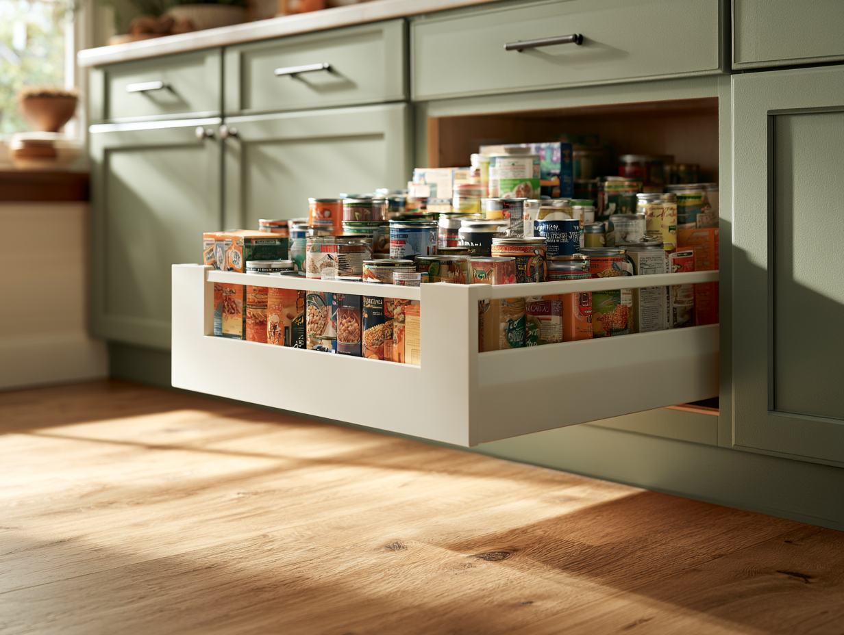 white pull-out cabinet drawer fully extended showing canned goods and boxed staples