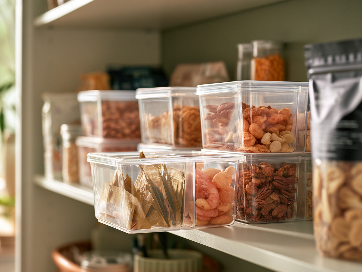 four clear divided storage bins on a deep pantry shelf one pulled forward