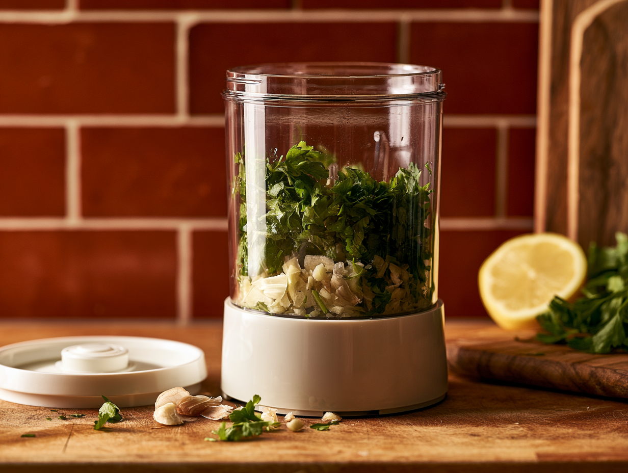 small three cup food processor on a counter with chopped herbs