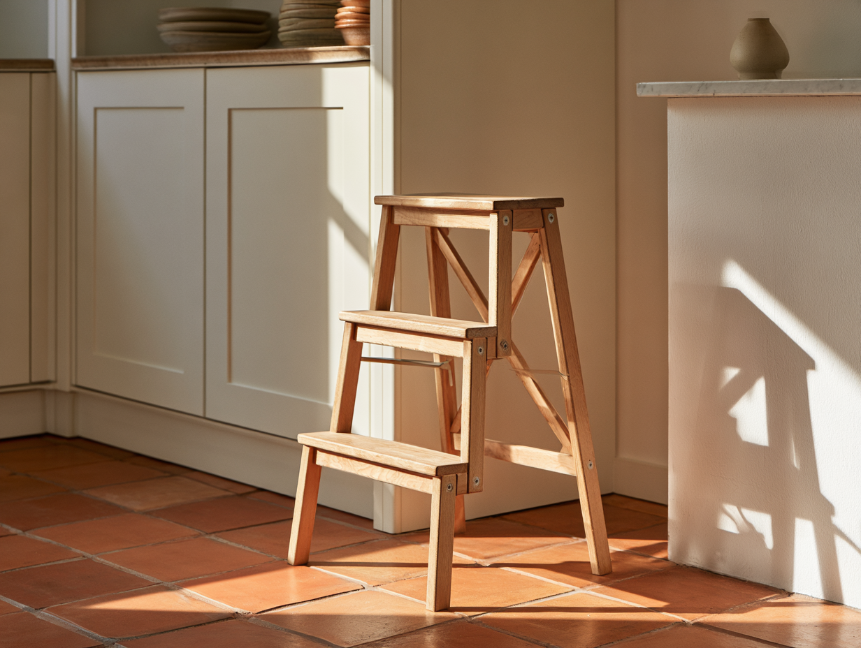 folding two step stool with handrail beside a kitchen counter