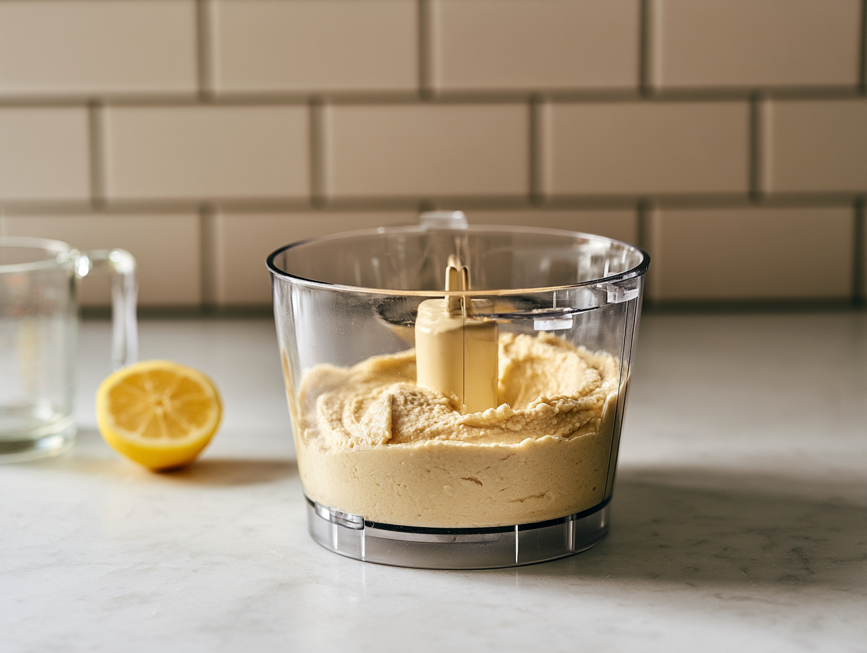 Small food processor bowl filled with hummus on a kitchen counter beside a lemon half