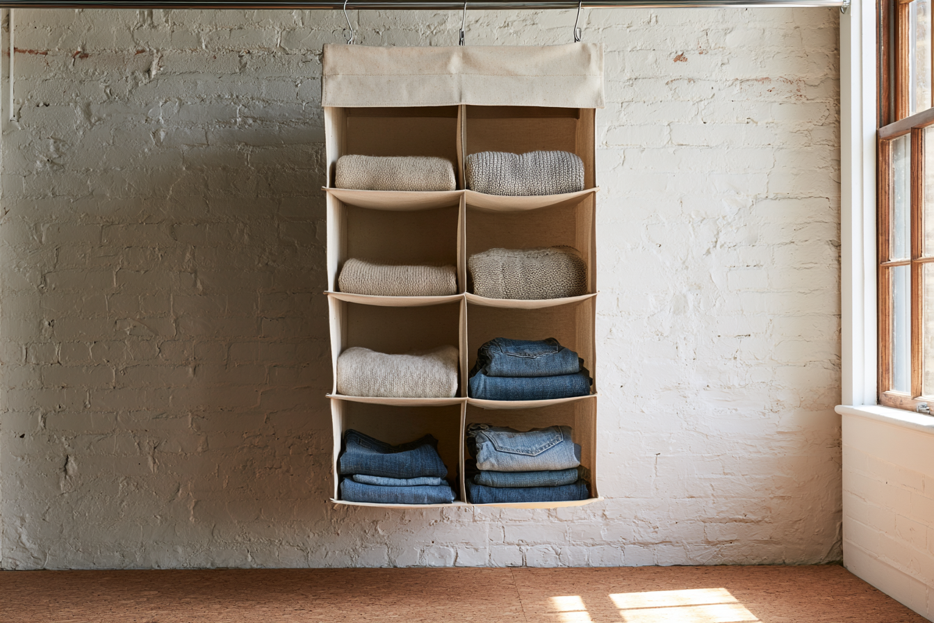 2. six shelf fabric hanging closet organizer with folded sweaters