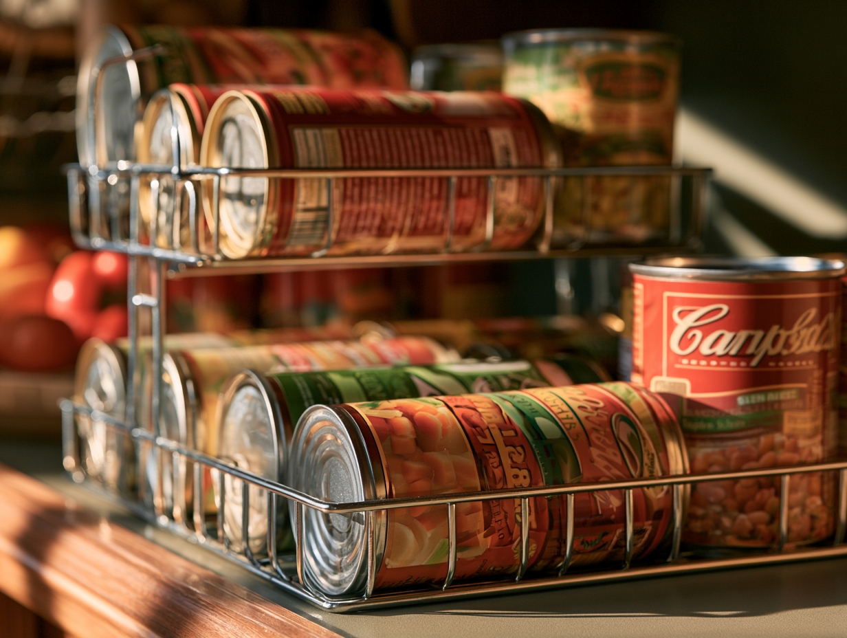 three tier metal can rack on a pantry shelf filled with soup and vegetable cans