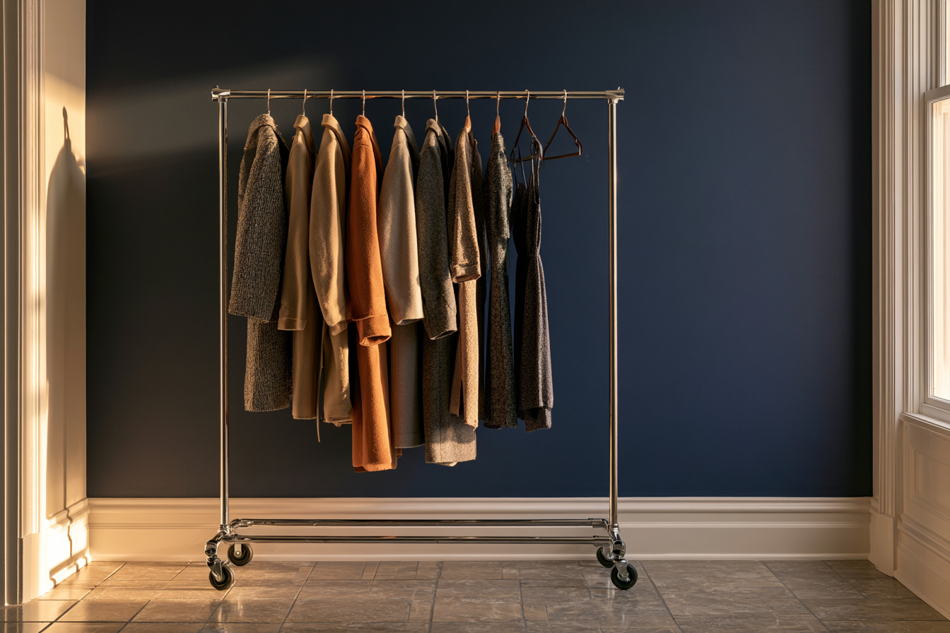 12. chrome rolling garment rack with double rods in bedroom corner