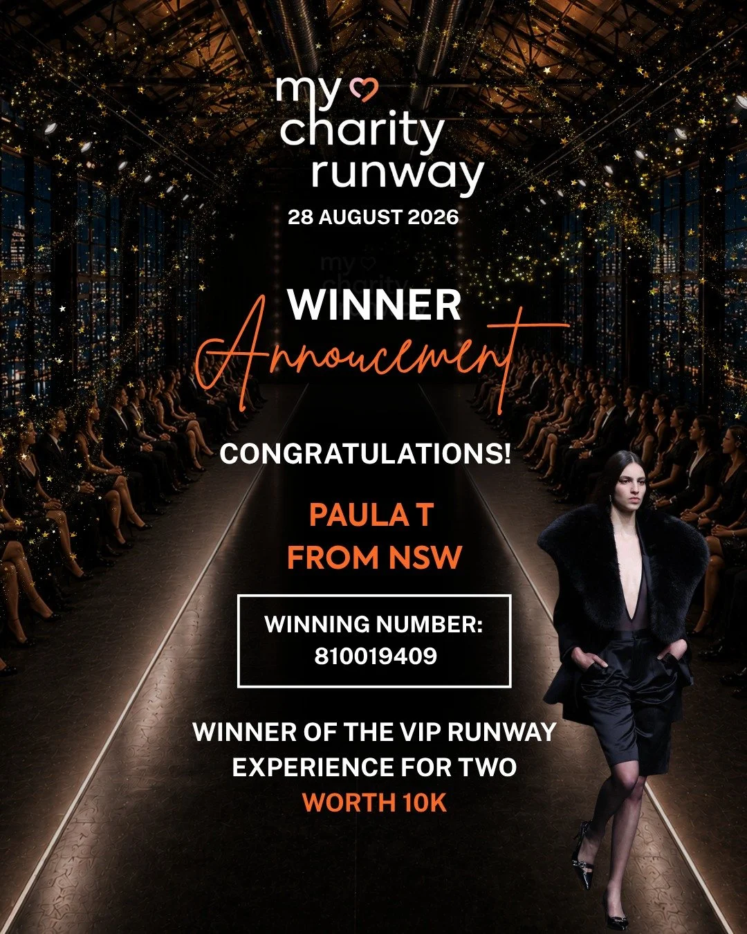 We have our My Charity Runway VIP Runway Experience winner! 

CONGRATULATIONS, PAULA T!

Winning number 81001940 have scored an incredible VIP Runway Experience for Two worth $10K! 

Charity Supported: Animal Welfare League NSW

The lucky winner has 