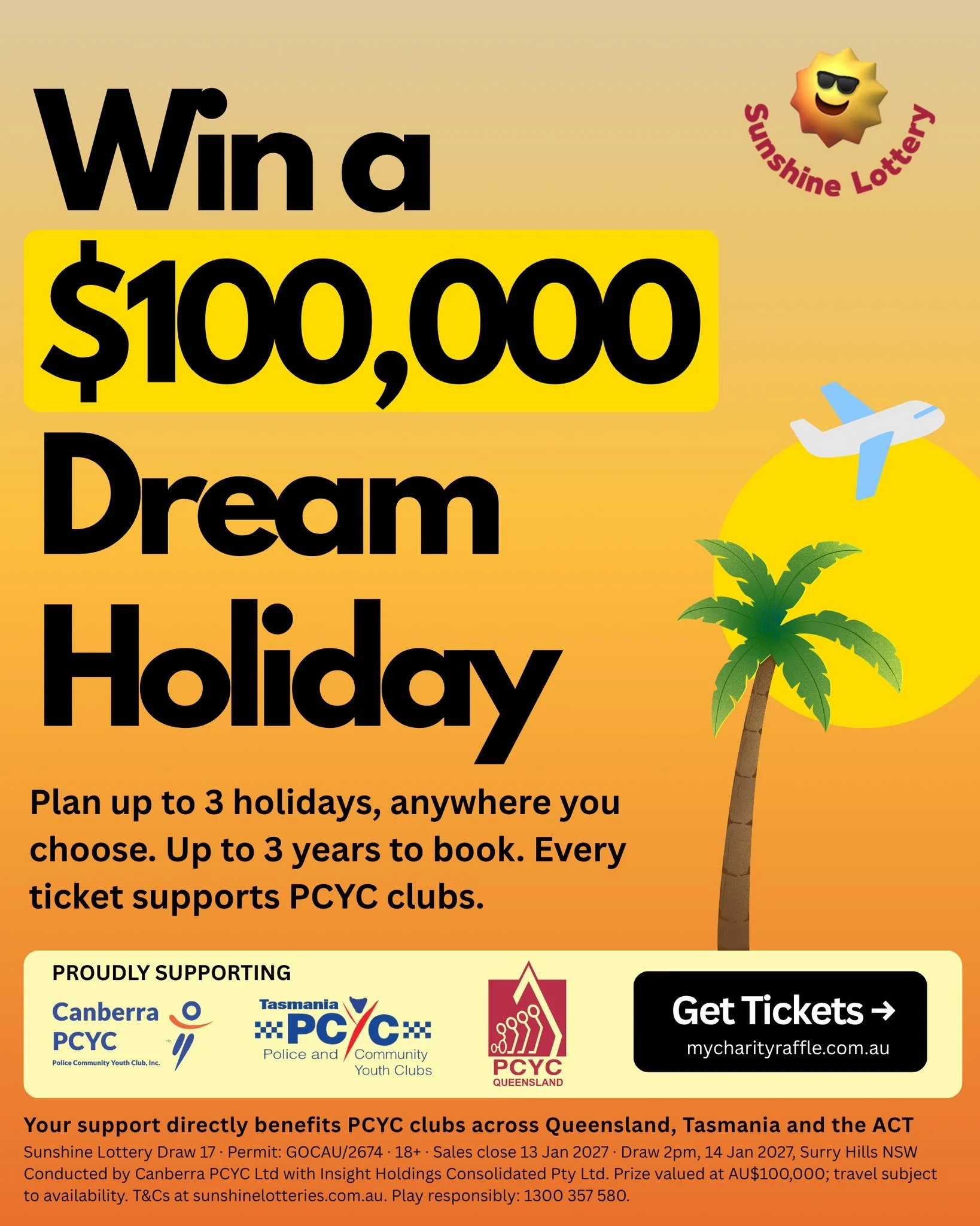 $100,000 of dream holidays could be yours. 🌏

Plan up to 3 trips anywhere you choose. Tickets from just $5 and every one supports PCYC clubs.

👉 Tap the link on post to enter

Permit GOCAU/2674 &middot; 18+ &middot; Play responsibly: 1300 357 580
