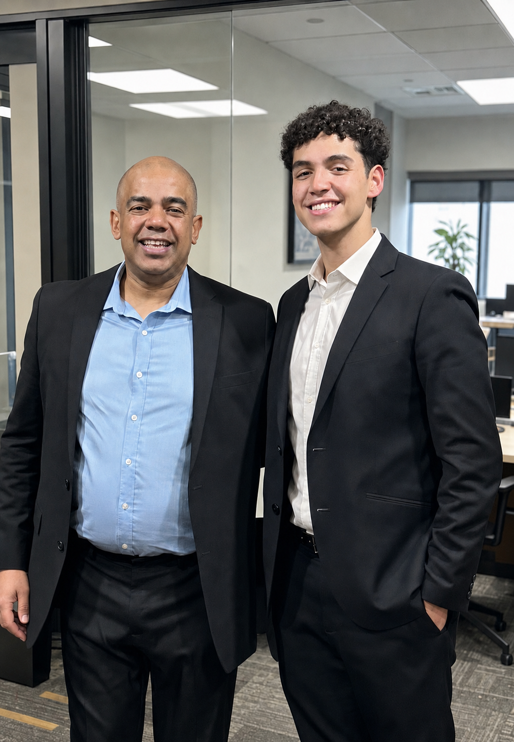 Two men dressed in suits standing in an office, smiling at the camera.
