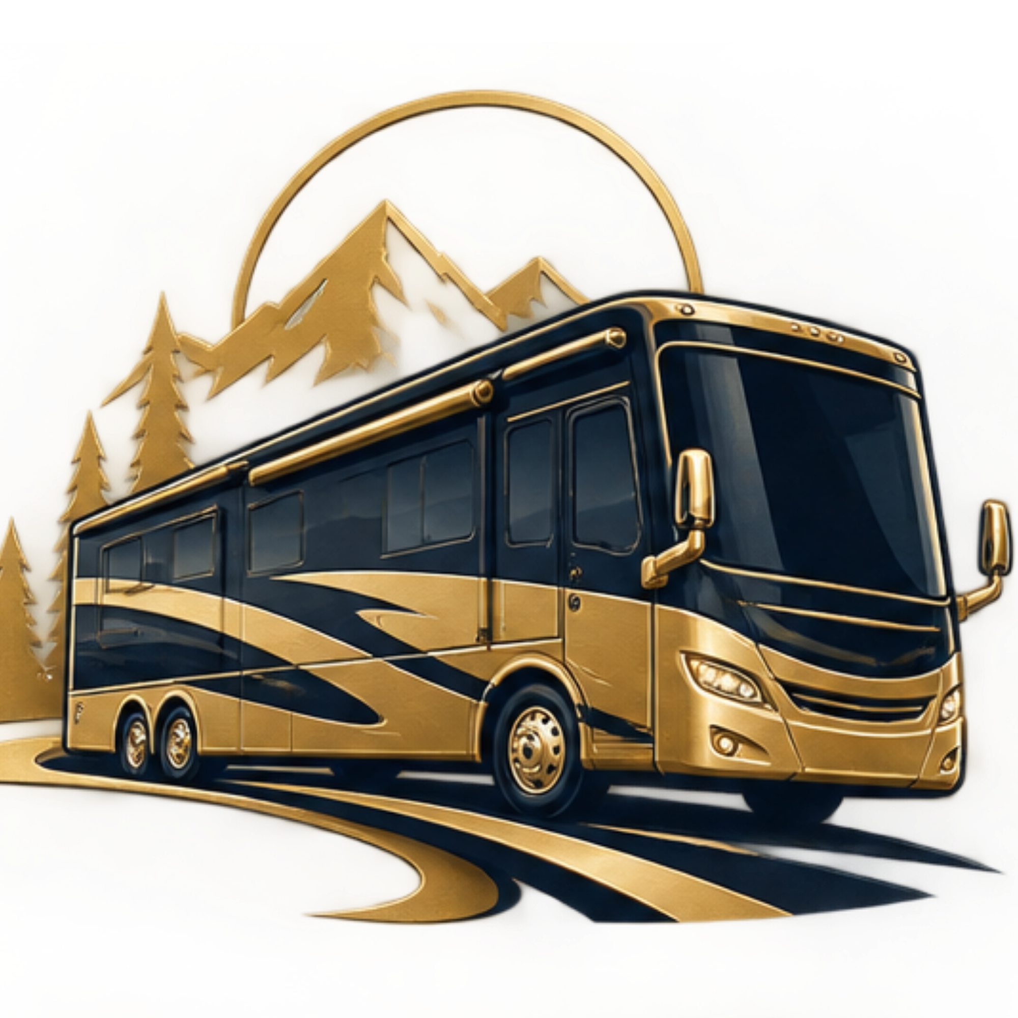 Gold and black luxury bus with mountain and pine tree logos