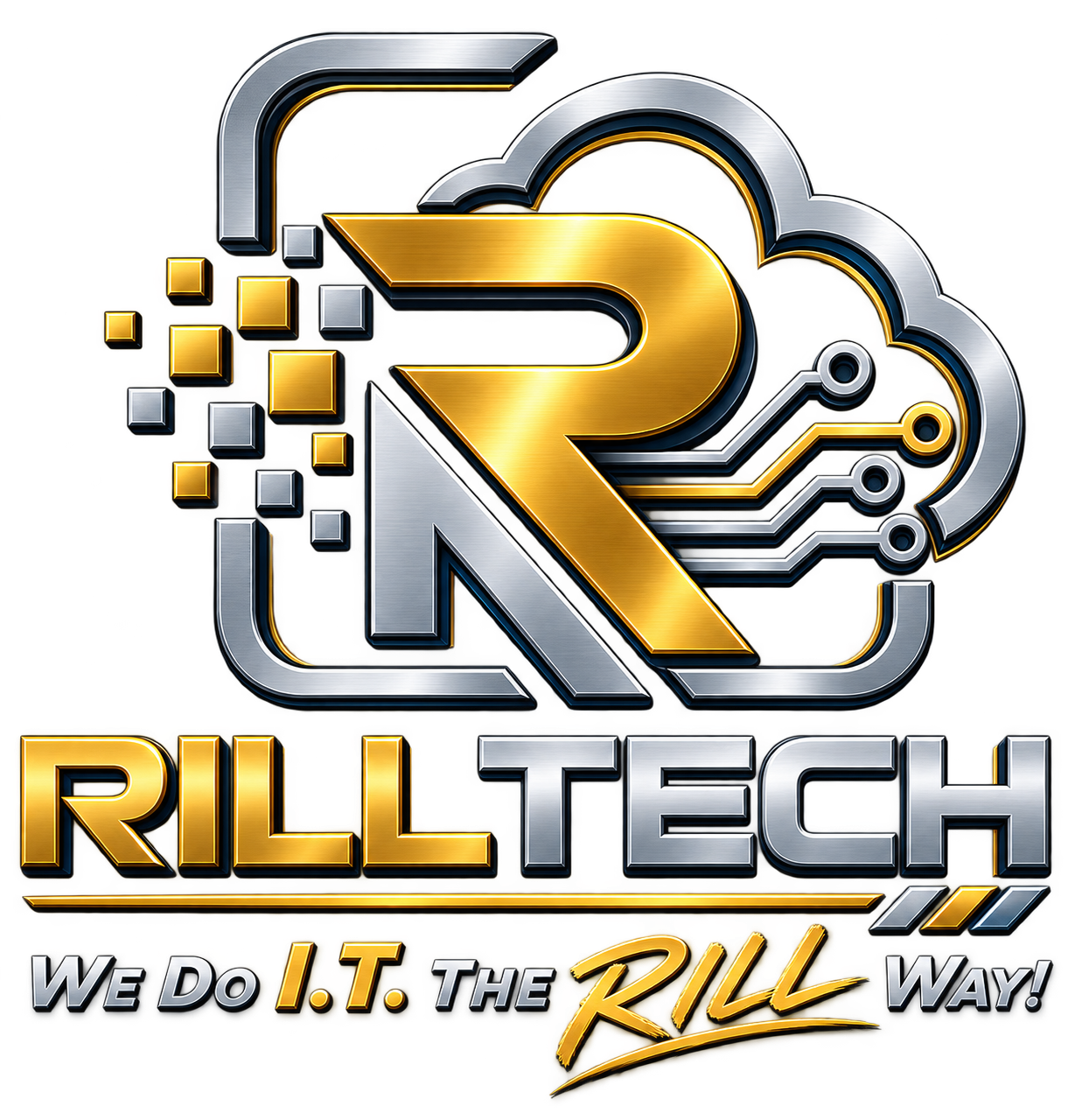 A logo for RillTech featuring a stylized cloud with circuit lines, a large gold and silver 'R', and text reading 'RillTech', 'We do I.T. the Rill way!'