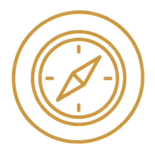 Gold outline of a compass on a black background.
