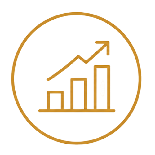 An upward-trending line graph with three red, yellow, and white bars, indicating growth or progress, surrounded by a gold circular outline.