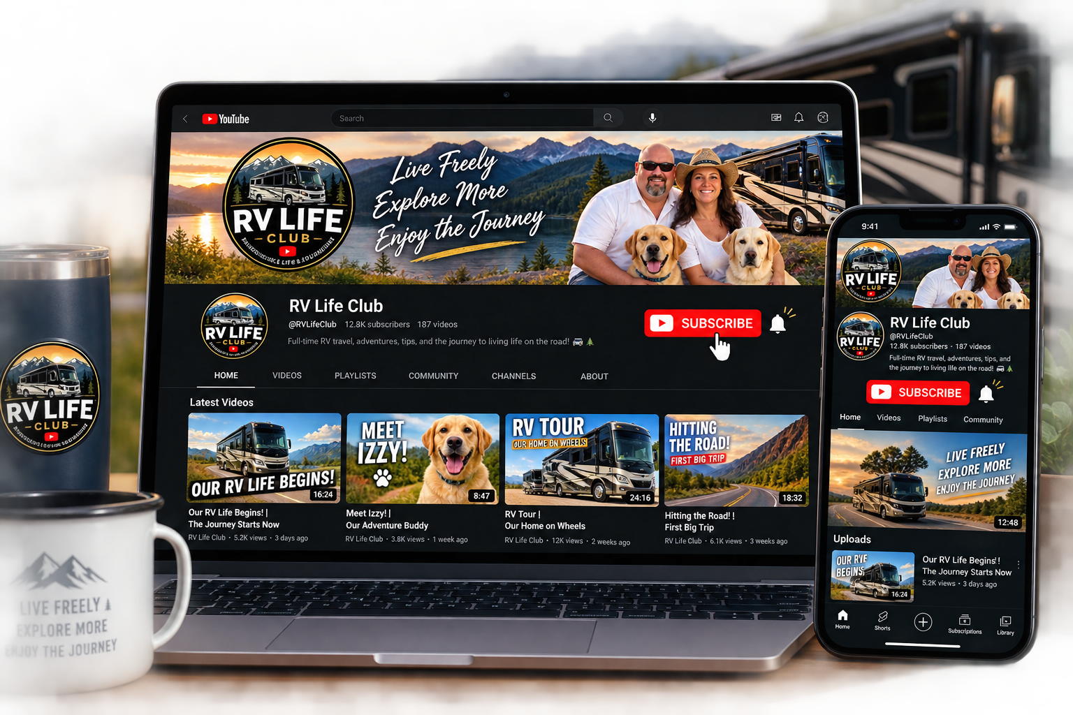 Laptop and smartphone screens displaying the YouTube channel 'RV Life Club' with a landscape background of mountains and a lake, a couple with two dogs, and a black RV.