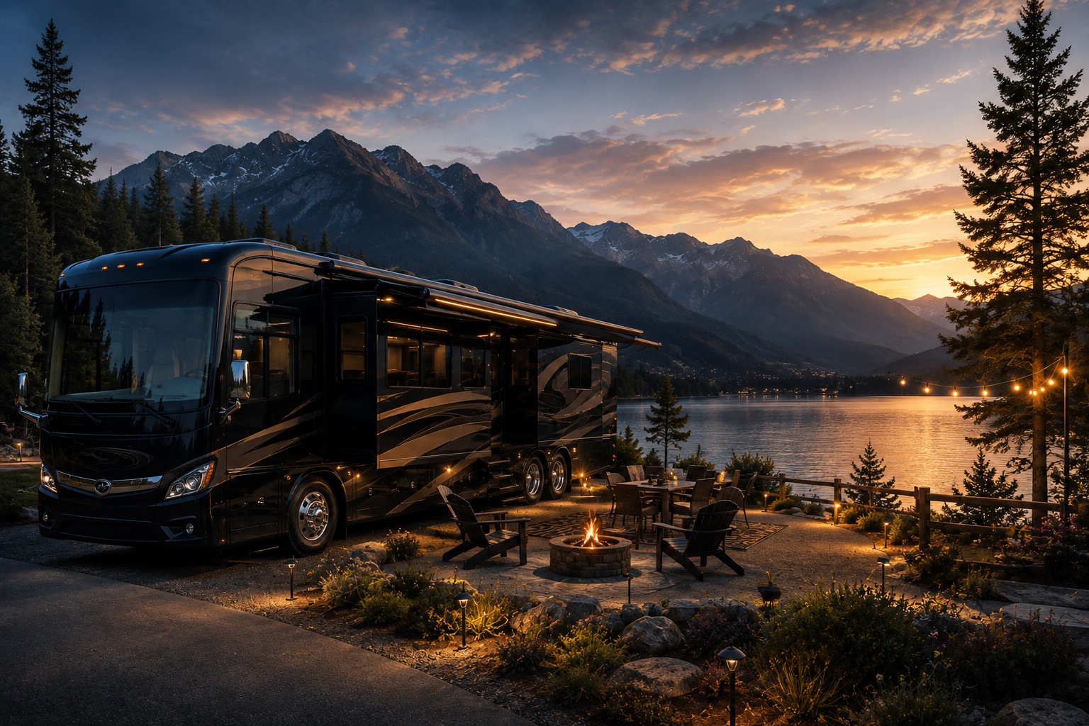A black luxury RV parked at a lakeside campsite during sunset, with a fire pit and outdoor seating area, surrounded by trees and mountains in the background.