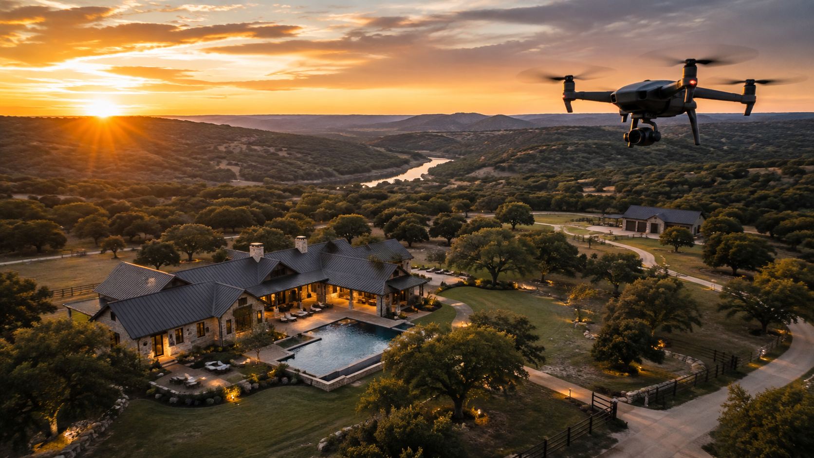 A drone flying over a luxurious estate at sunset, showing a large house with a pool, surrounded by trees and rolling hills.