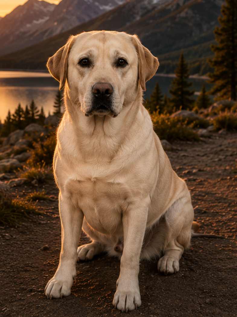 A yellow Labrador Retriever sitting outdoors during sunset with mountains, trees, and a lake in the background.