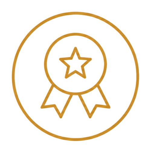 Gold outline of a medal with a star in the center and two ribbons hanging below, all within a circle.