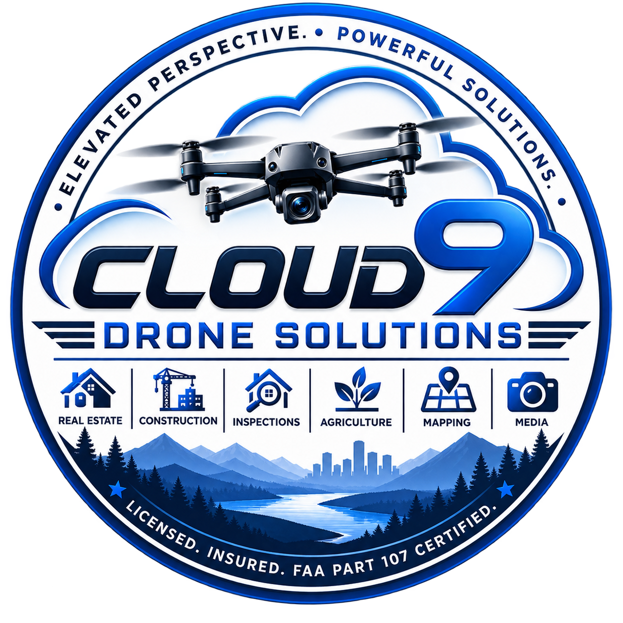 Logo for Cloud 9 Drone Solutions featuring a drone, a mountain landscape, and icons representing real estate, construction, inspections, agriculture, mapping, and media.