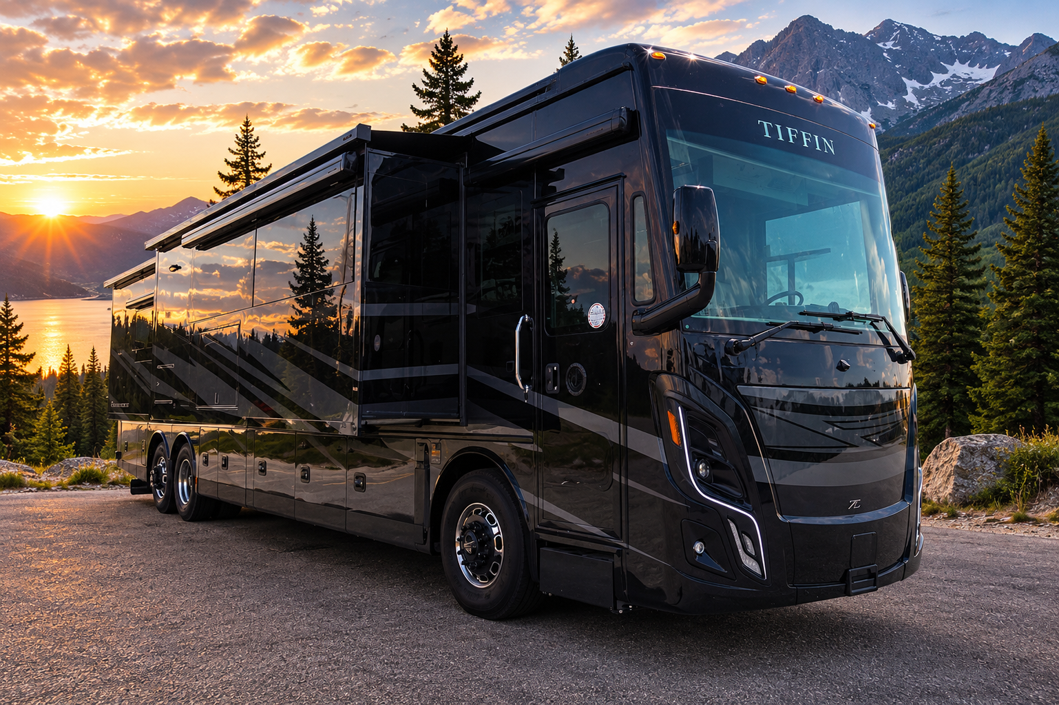 Black Tiffin motorhome parked on a scenic mountain overlook at sunset, with pine trees and mountains reflected on its shiny surface.