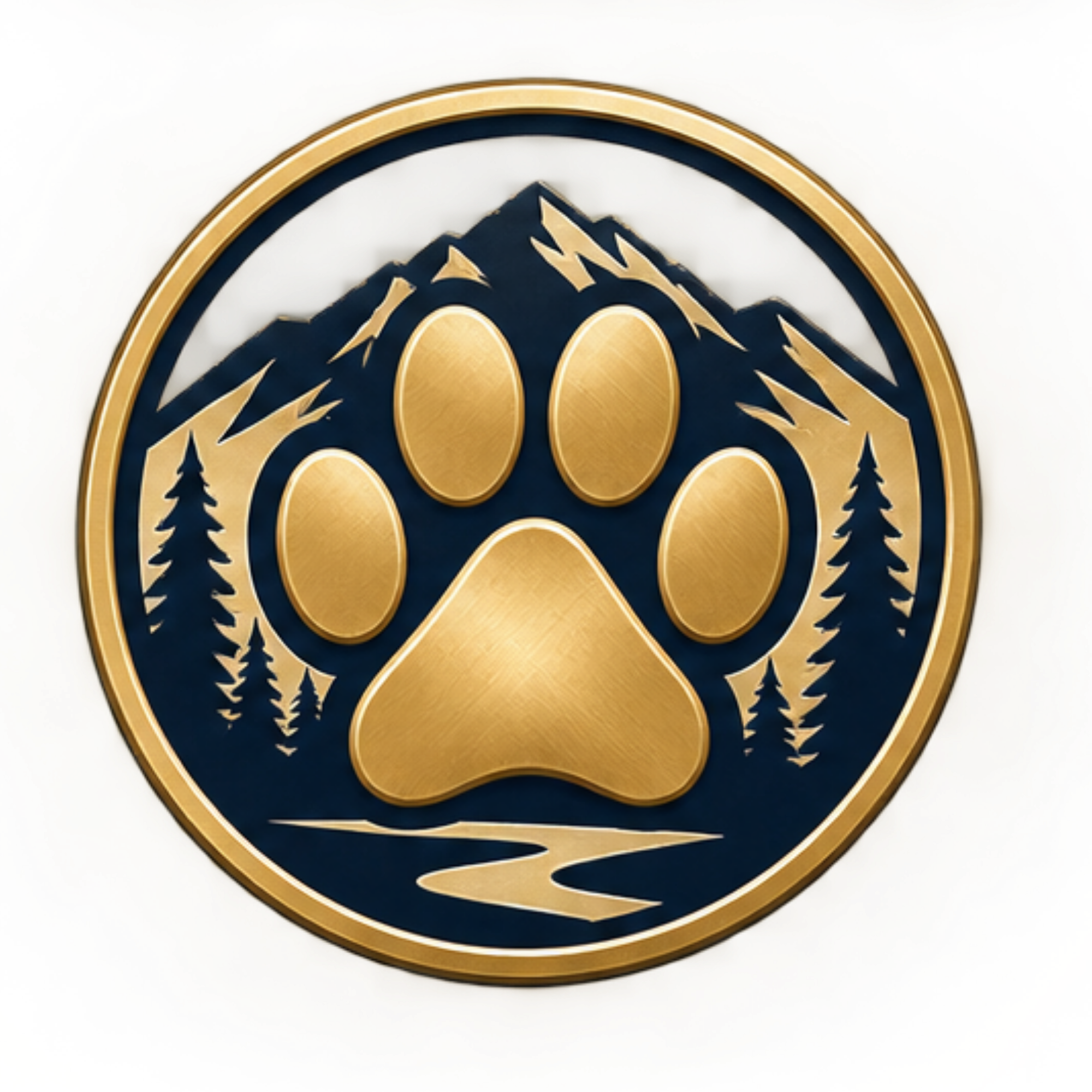 Close-up of a circular logo with a mountain and pine trees pattern, gold and dark colors, on a textured beige background.