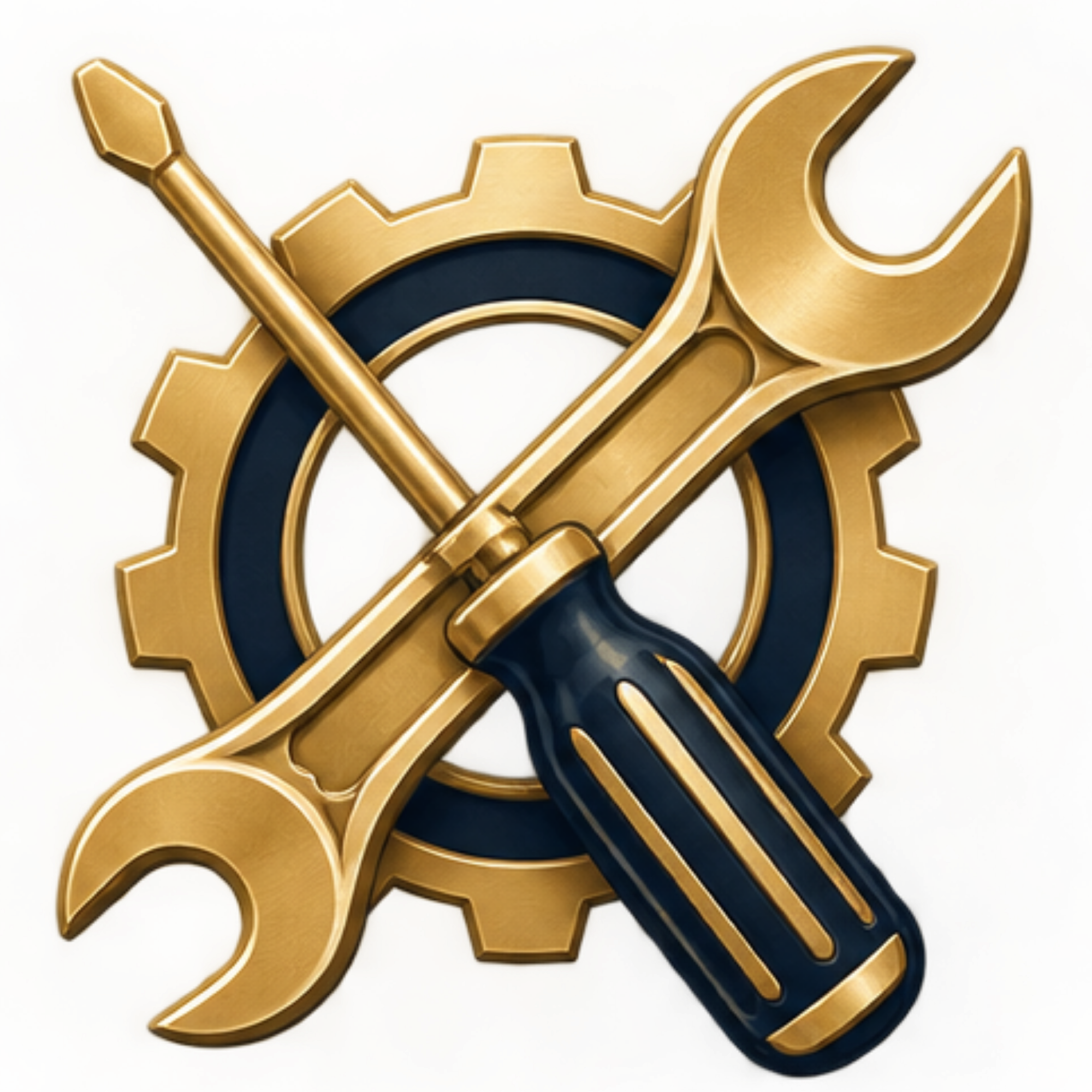 Close-up of a golden wrench, a ruler, and a gear made of gold and black materials.