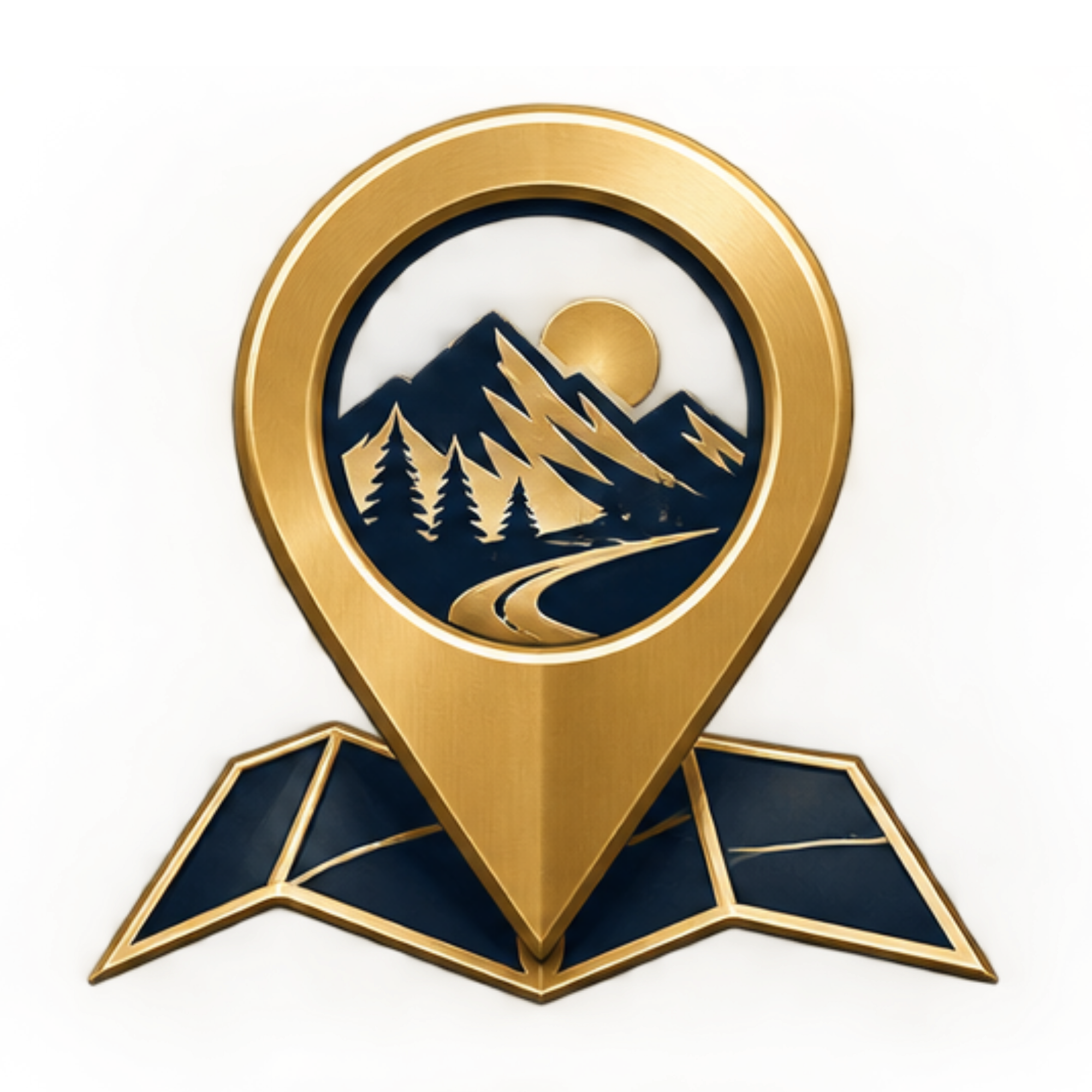 A gold and black circular emblem featuring mountains, a sunset, and pine trees.