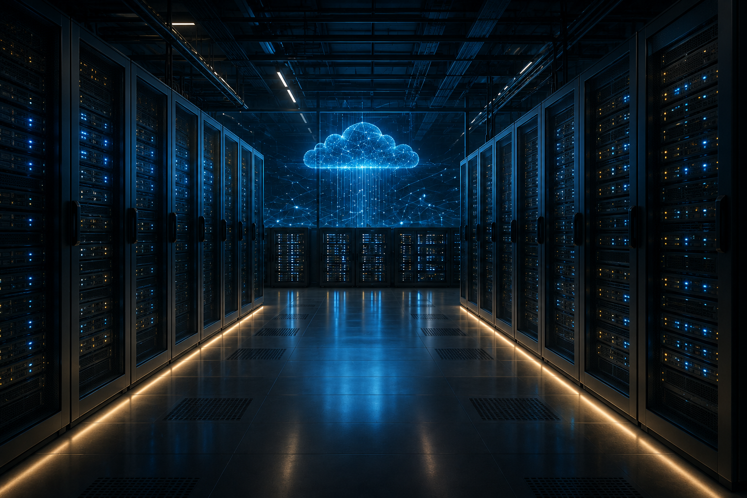 Data center with server racks on both sides and a digital cloud graphic in the background.
