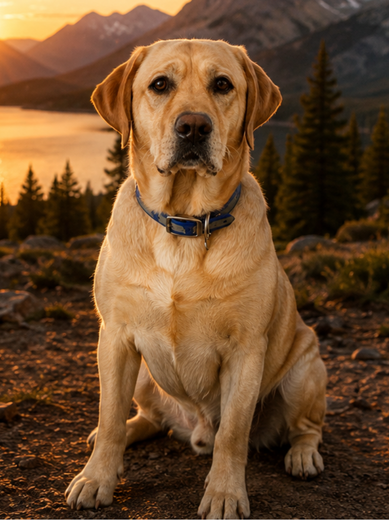 A golden Labrador dog sitting outdoors during sunset with mountains, trees, and a lake in the background.