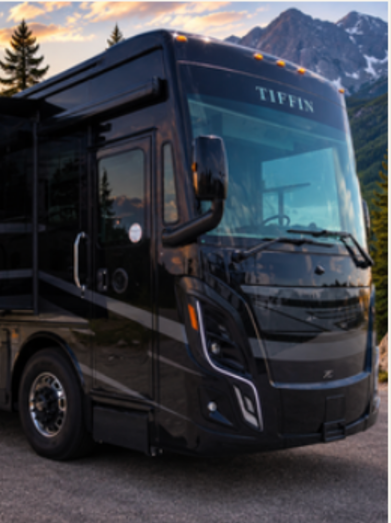 Black Tiffin motorhome parked outdoors with mountain scenery and trees in the background at sunset.