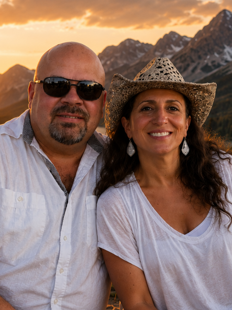A smiling couple outdoors during sunset, with mountains in the background. The man is bald, wearing sunglasses and a white shirt. The woman has long dark hair, wearing a cowboy hat, earrings, and a white top.