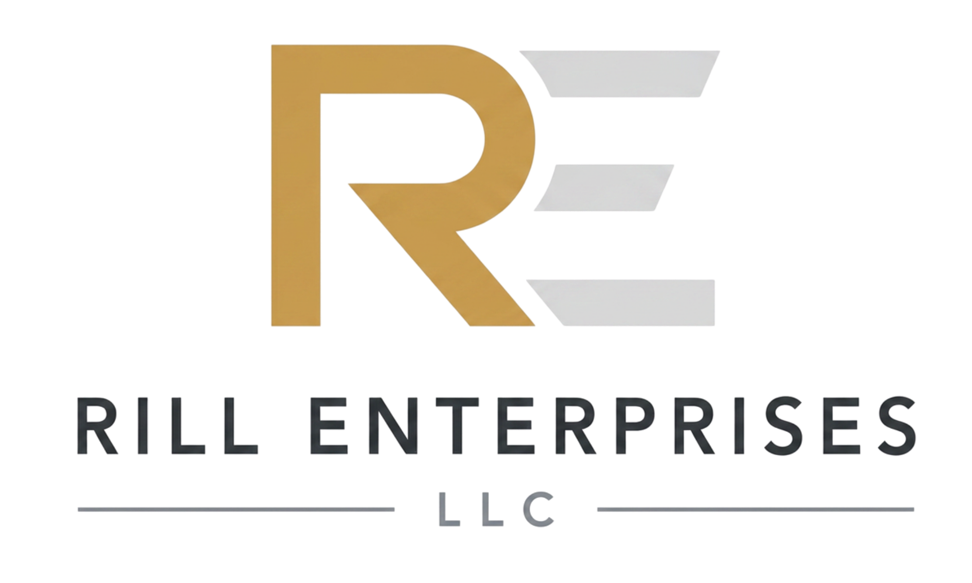 Rill Enterprises logo with a gold 'R' and three white lines to the right, and the company name in black text