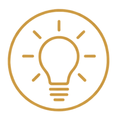 Gold outline of a light bulb inside a circle, with rays indicating illumination.