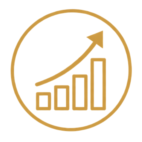 Gold icon of a bar graph with an upward arrow inside a circle.
