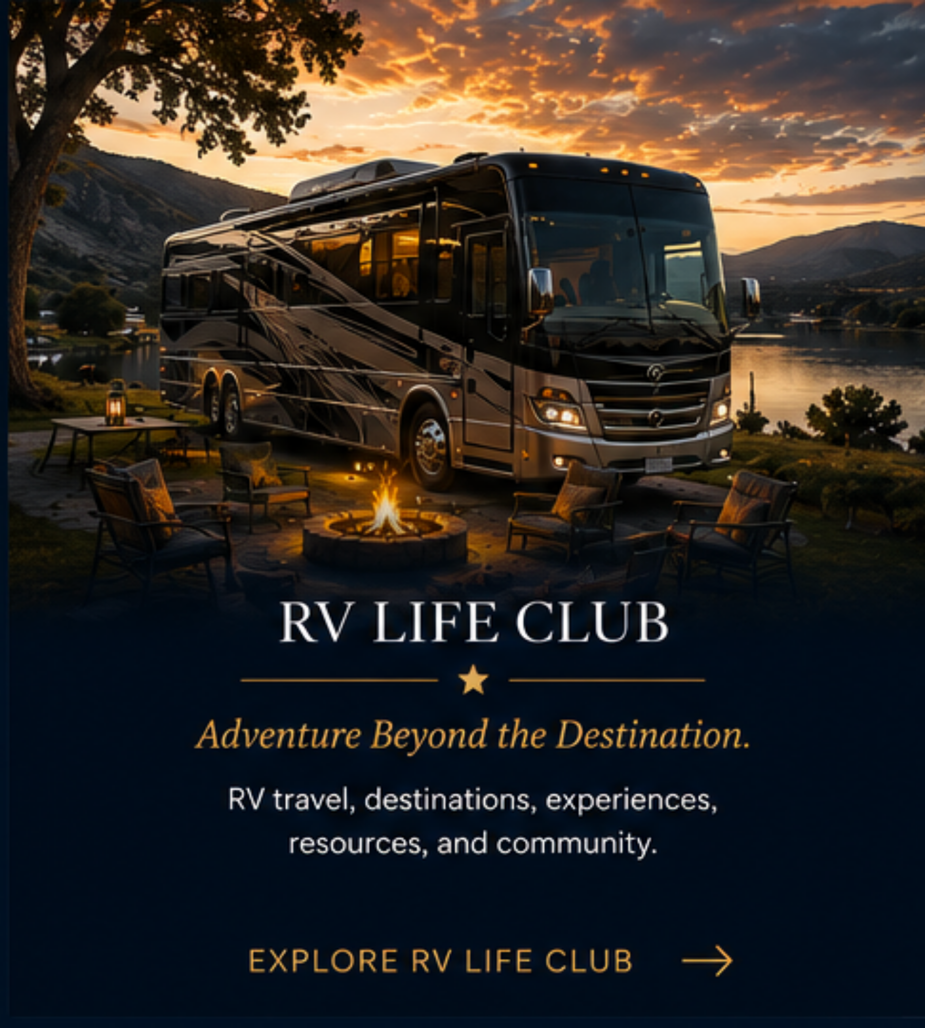 A black motorhome parked near a lakeshore with mountains in the background, during sunset with a partly cloudy sky. A fire pit with chairs around it is in the foreground, creating an inviting outdoor scene.