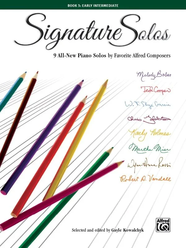 Book cover for Signature Solos, a collection of nine piano solos by Alfred composers.