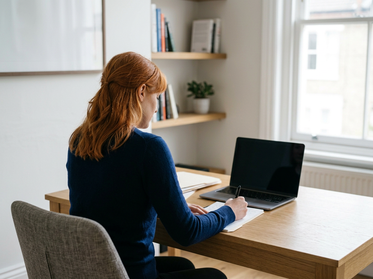 A woman with red hair writing on a notepad at a wooden desk, with a laptop and shelves in the background.