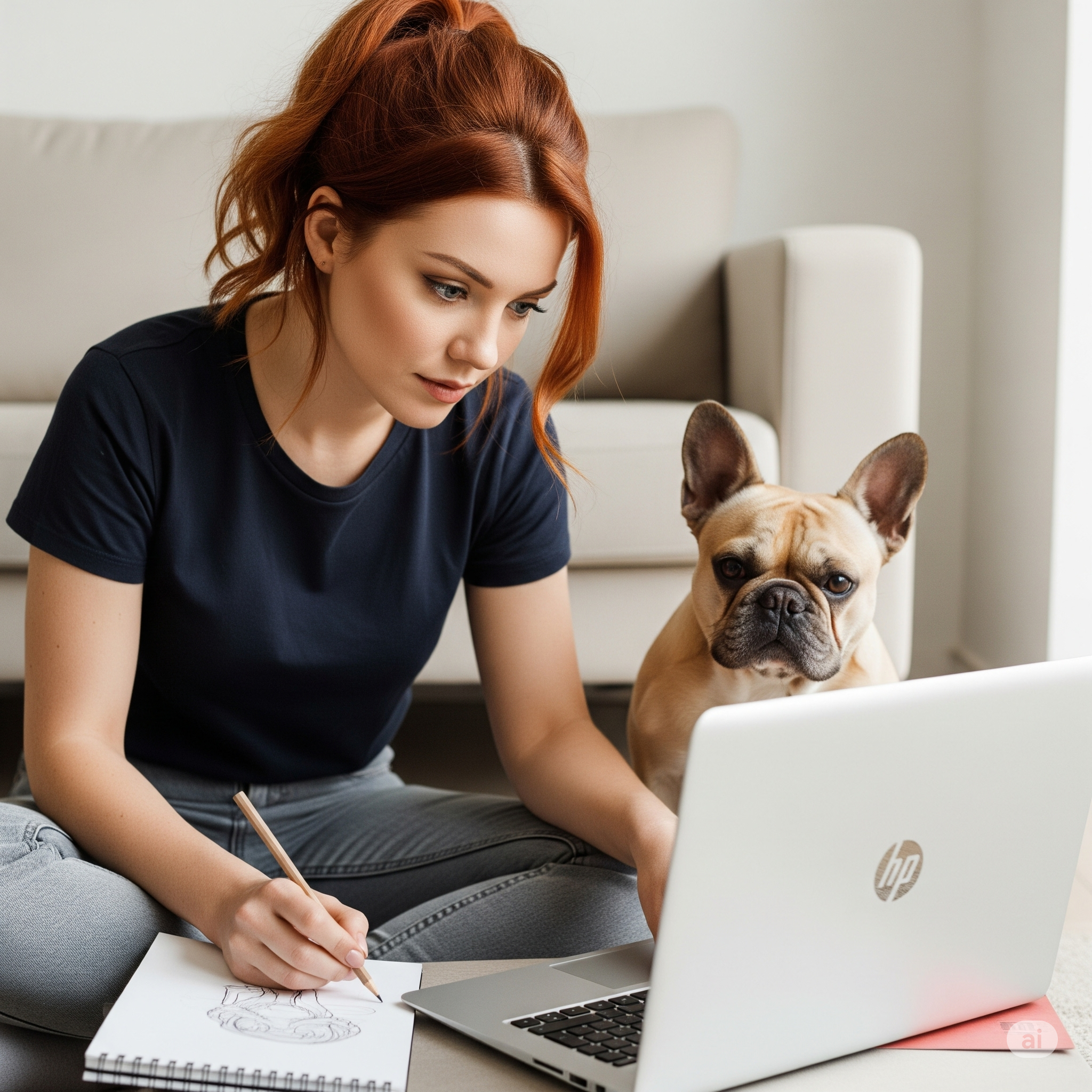 A young woman with red hair sits cross-legged on a gray couch, drawing on a sketchpad with a pencil. She is wearing a dark t-shirt and gray jeans. On her right, a cream-colored French Bulldog looks at the camera while sitting beside her. A white HP laptop is open on a low table in front of them, with some pink folders underneath. The background is neutral with a white wall and a beige chair.