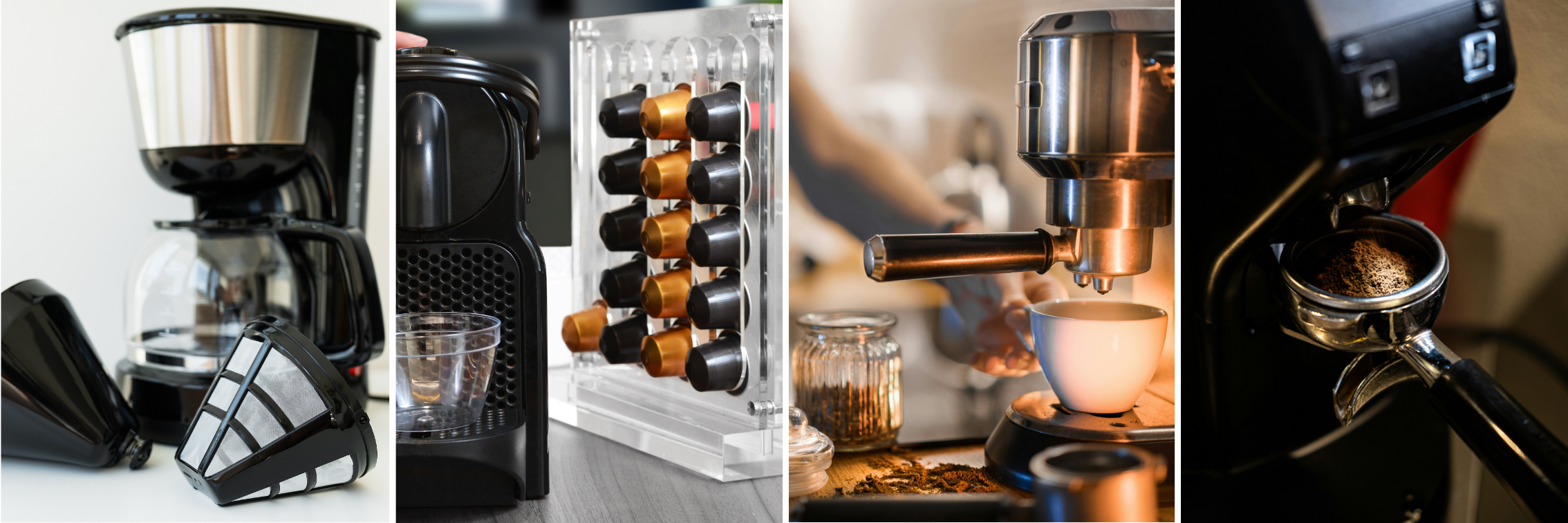 Four different types of coffee brewers displayed together.