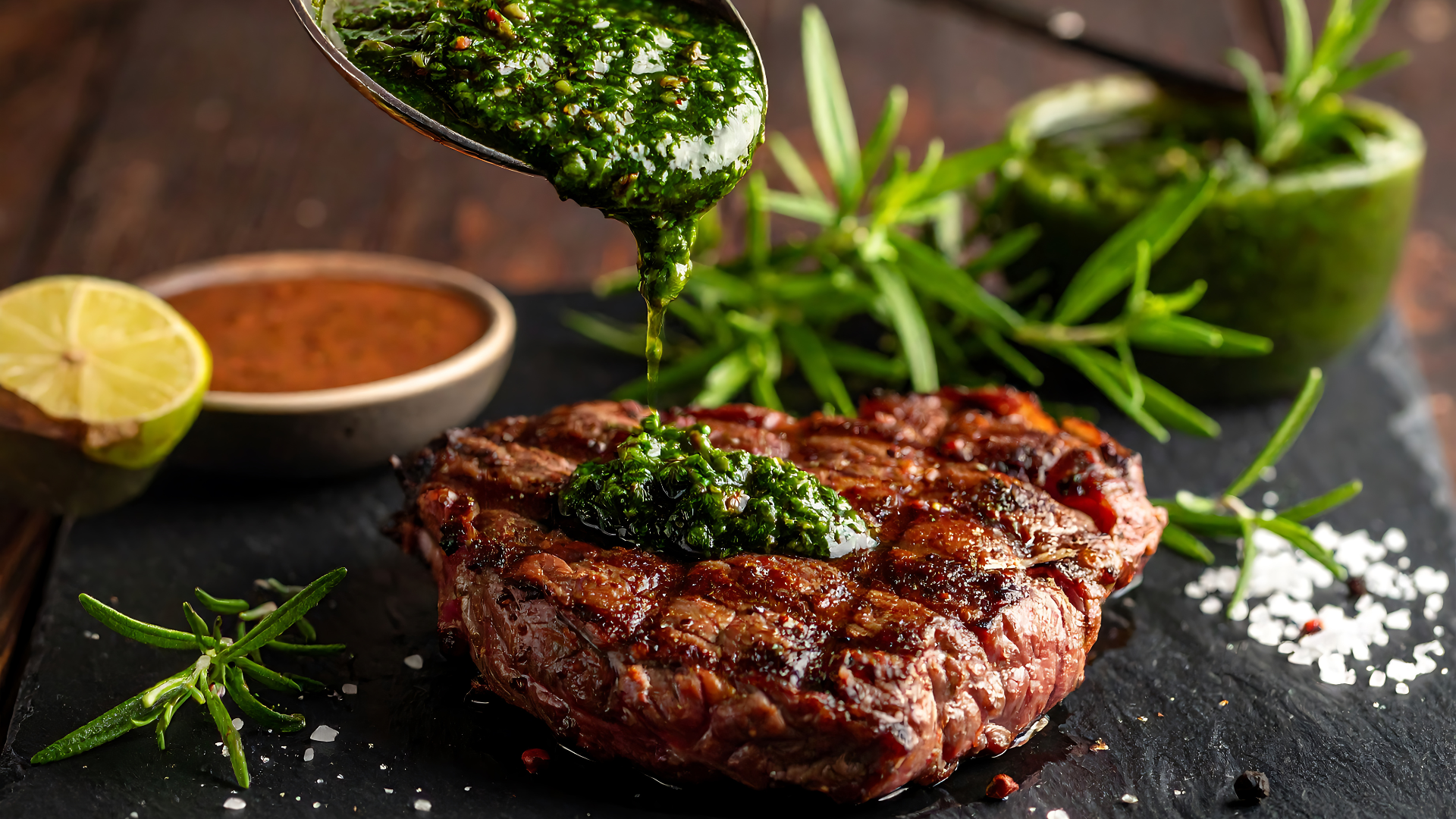 Grilled steak with fresh herb sauce representing kitchen prep and serving essentials.